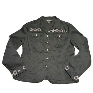 CHRISTINE ALEXANDER Black Swarovski Crystal Metallic Stud Denim Jacket Size XL